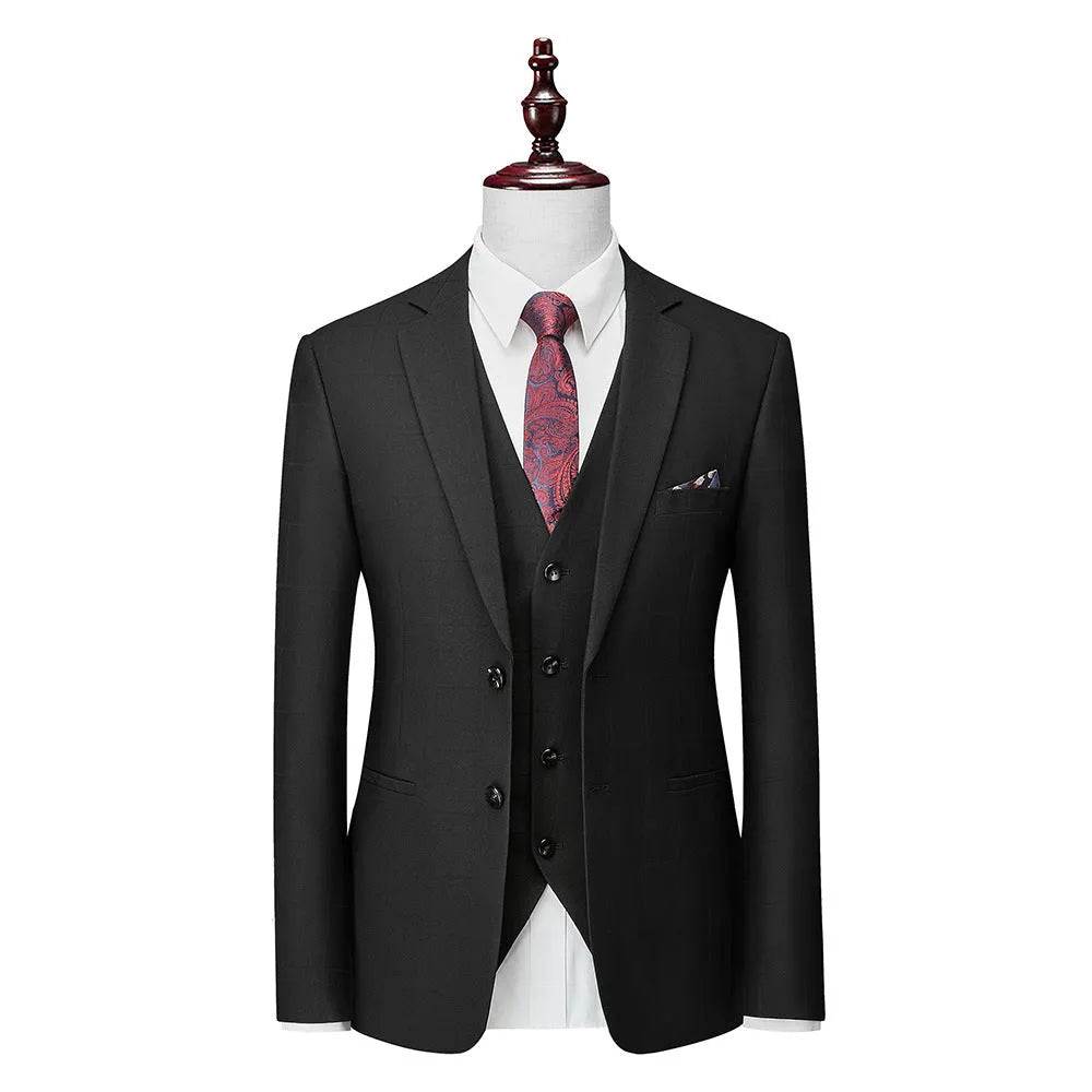 Men's navy blue slim fit plaid three-piece business casual suit with vest