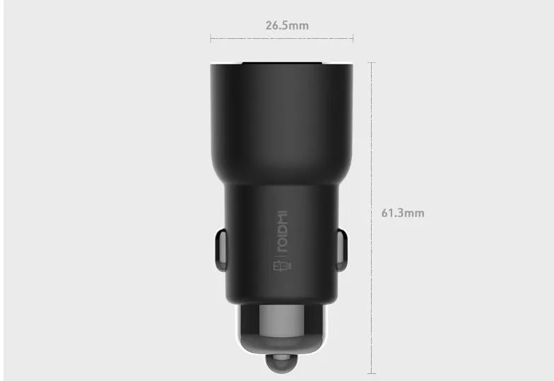 Black Ruimi 3S Bluetooth car charger with dual USB ports showing 26.5mm square dimensions