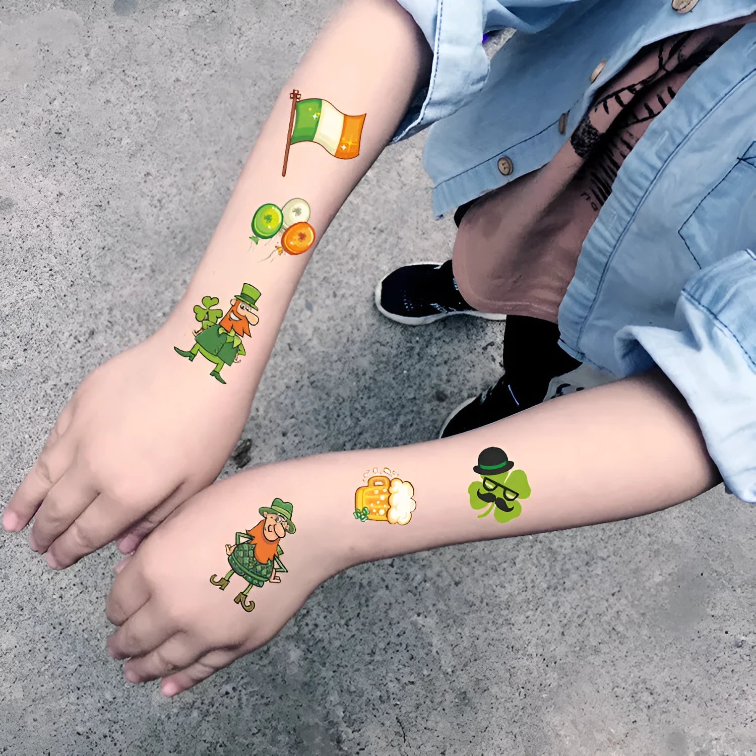 Temporary tattoo sticker paper with Irish festival flag and shamrock designs for face and body application