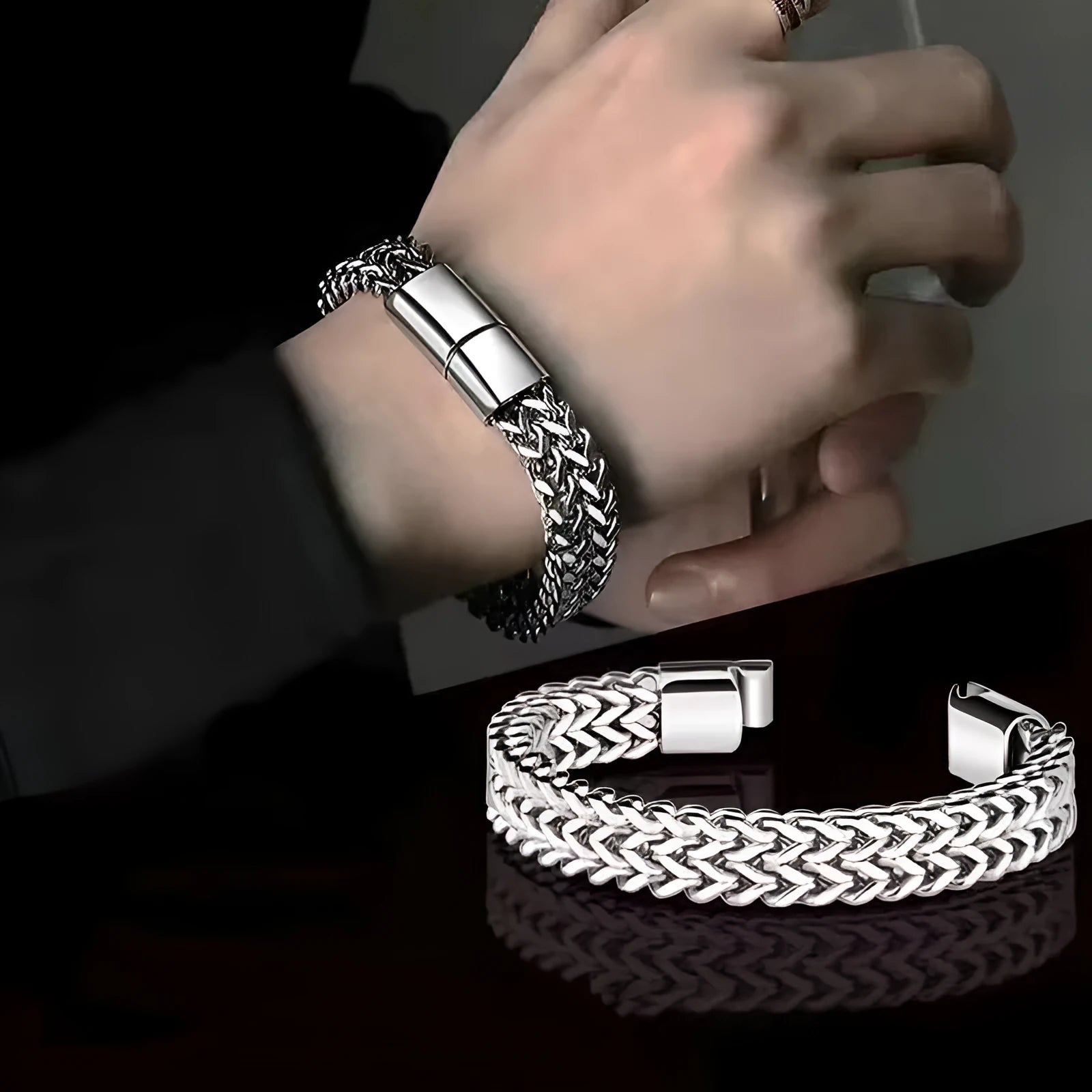 Silver geometric titanium steel men's bracelet shown in 4x8mm and 5x10mm width styles.