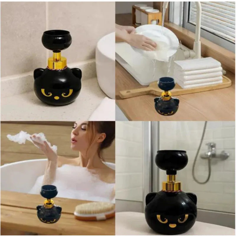 Black cartoon cat plastic foam soap dispenser measuring 10x10x18cm with manual pump
