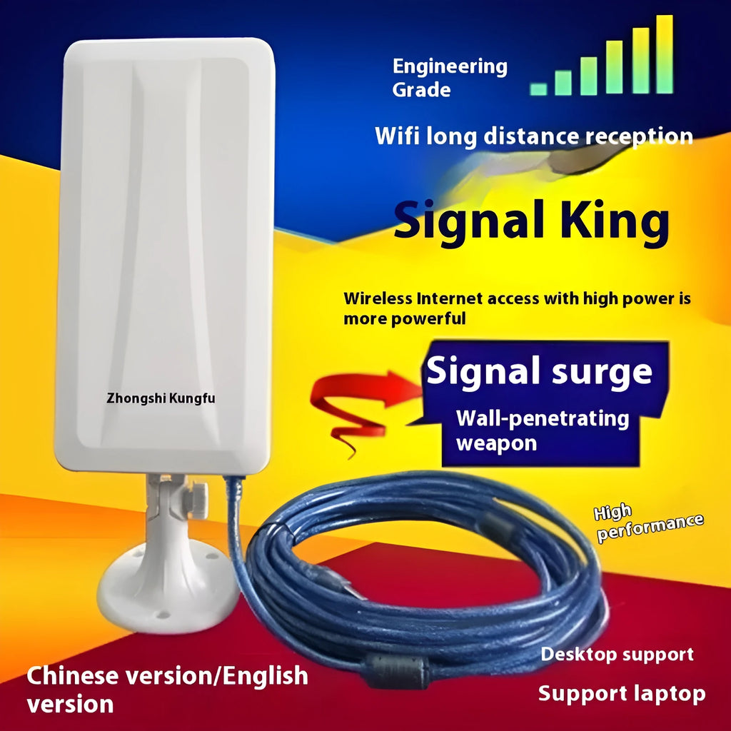 White high power USB wireless network card with Type USB connector showing coverage options