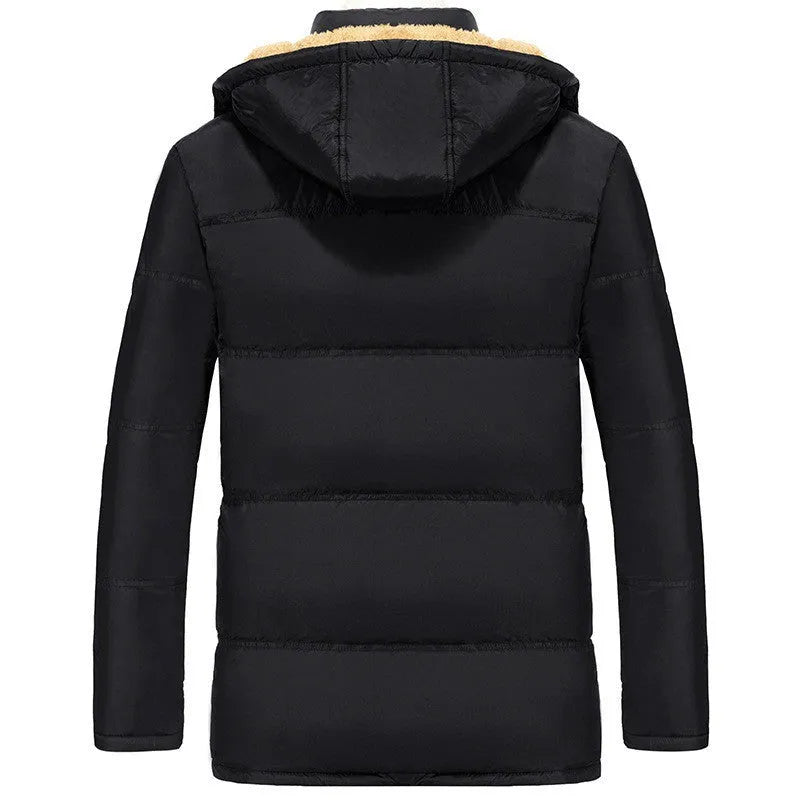 Men's black double-breasted padded winter jacket with hood and velvet lining