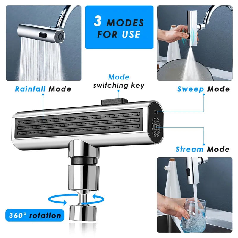 Kitchen faucet waterfall outlet connector with 360-degree swivel, ABS and copper body, Black or Silver finish.