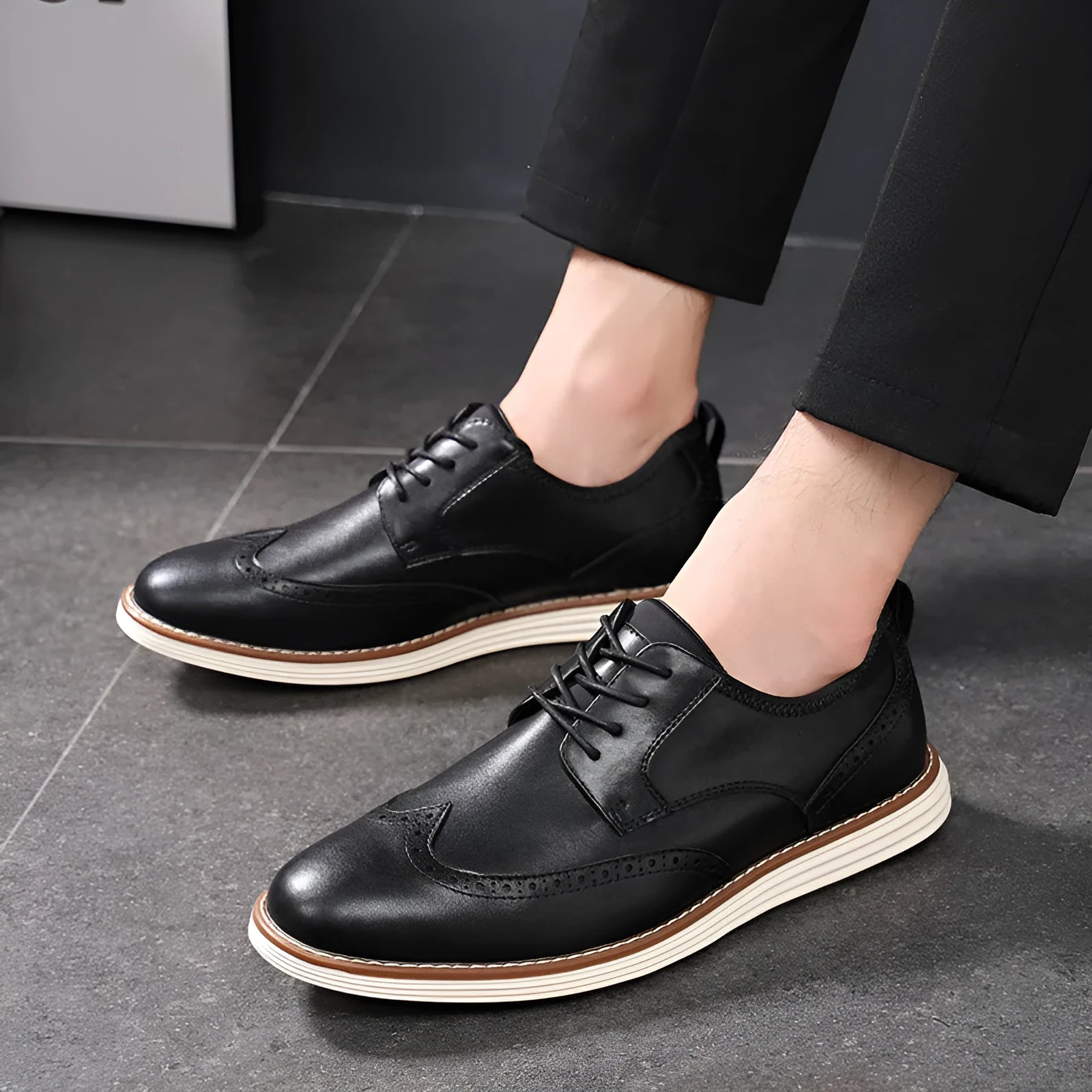 Men's black slip-on business casual shoes with round toe and TPR sole