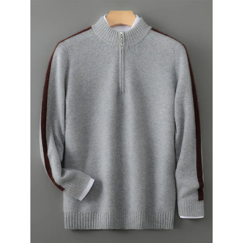 Half-zip wool sweater in slim fit with round neck, shown in one of four colours: Chinese Red, Grey, Pea Green, or Raw Velvet Camel