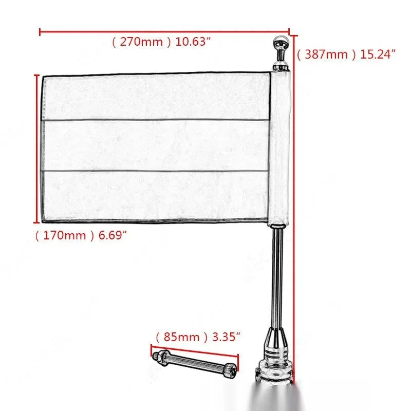Black and silver steel motorcycle luggage rack flagpole for side box mounting.