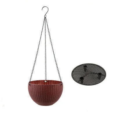 White hanging plant basket with inner tank and metal chain, showing 210mm diameter.