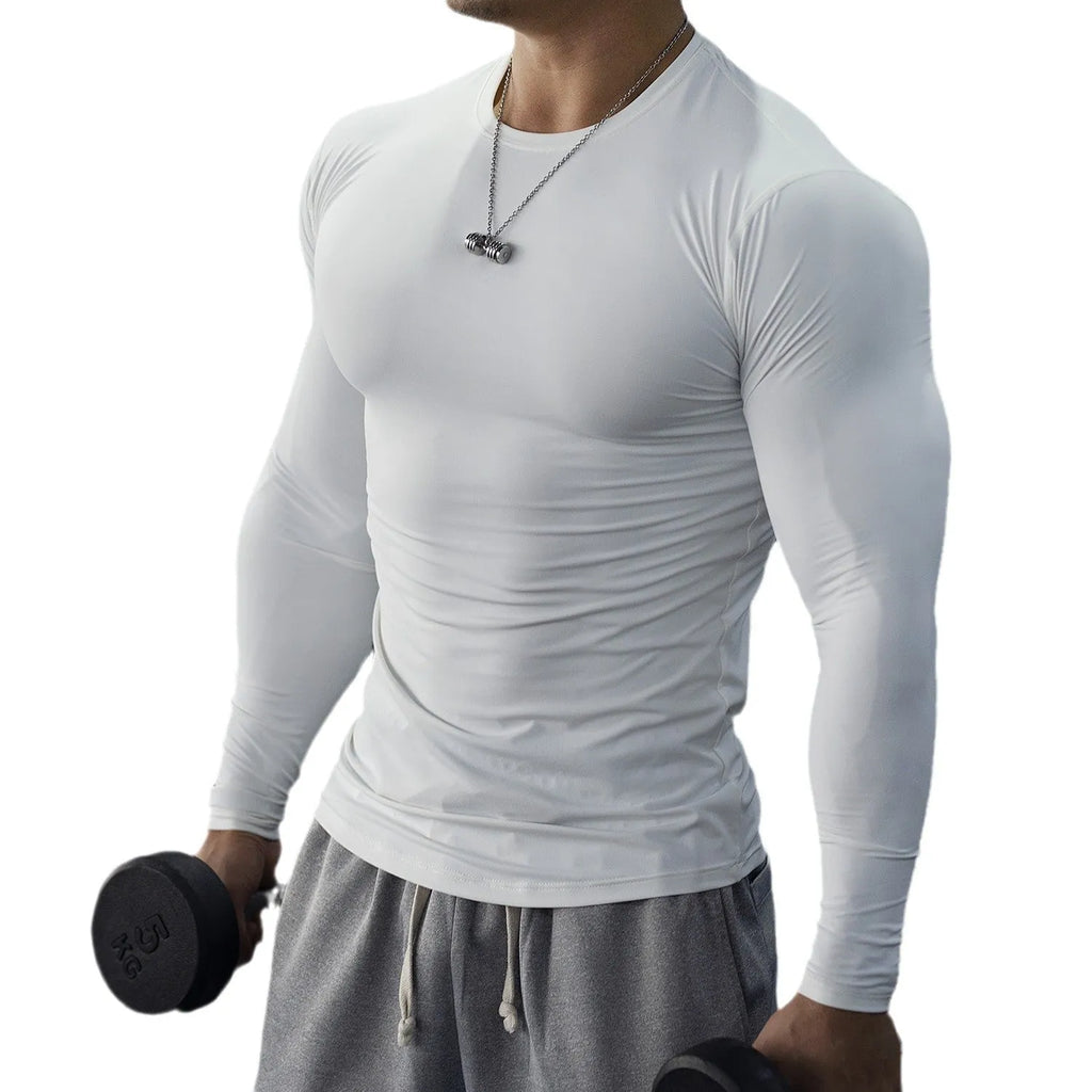Men's long sleeve black fitness tights with slim fit for running and gym workouts