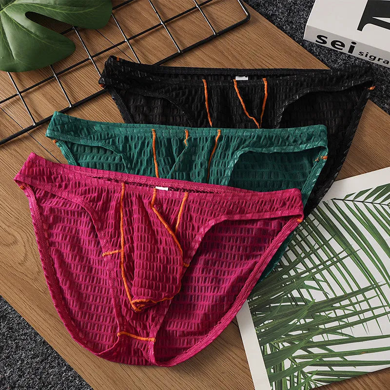 Men's ice silk lace low-waist briefs for sports in solid colours with Asian sizing