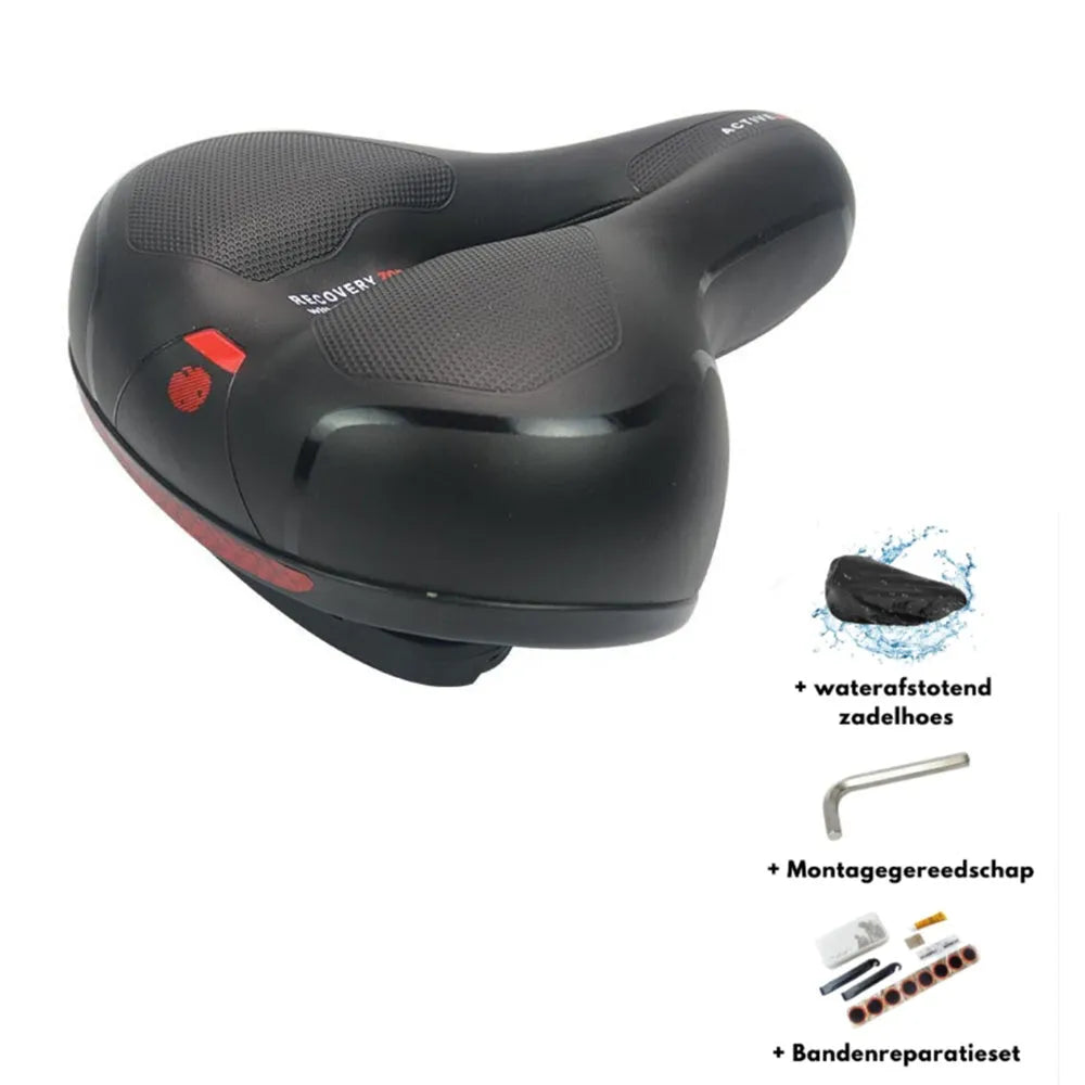 Bicycle saddle cushion with silicone padding, spring suspension, and accessories including waterproof cover and tools