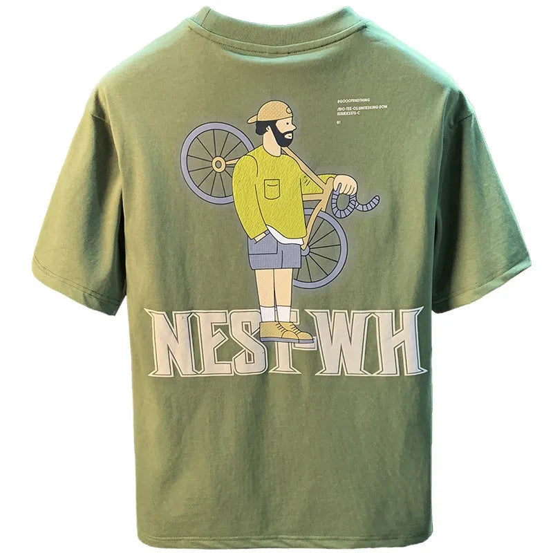 Green men's loose fit t-shirt with a literary print on the front.
