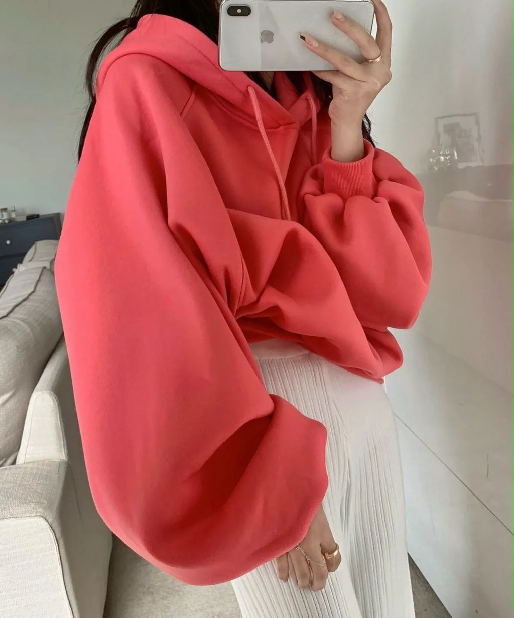 Watermelon red sleeveless Mulberry Silk hooded sweater on a hanger, showing loose fit and solid colour.