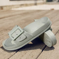 Women's grey blue buckle fastening flip-flop slippers with soft EVA sole