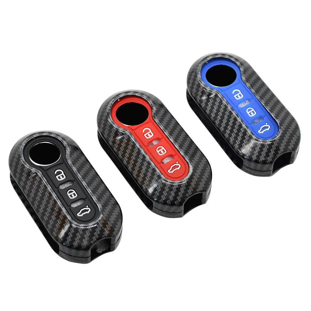 Fiat 500 Boyue ABS plastic remote key shell in black, red, and dark blue with carbon fibre style pattern.