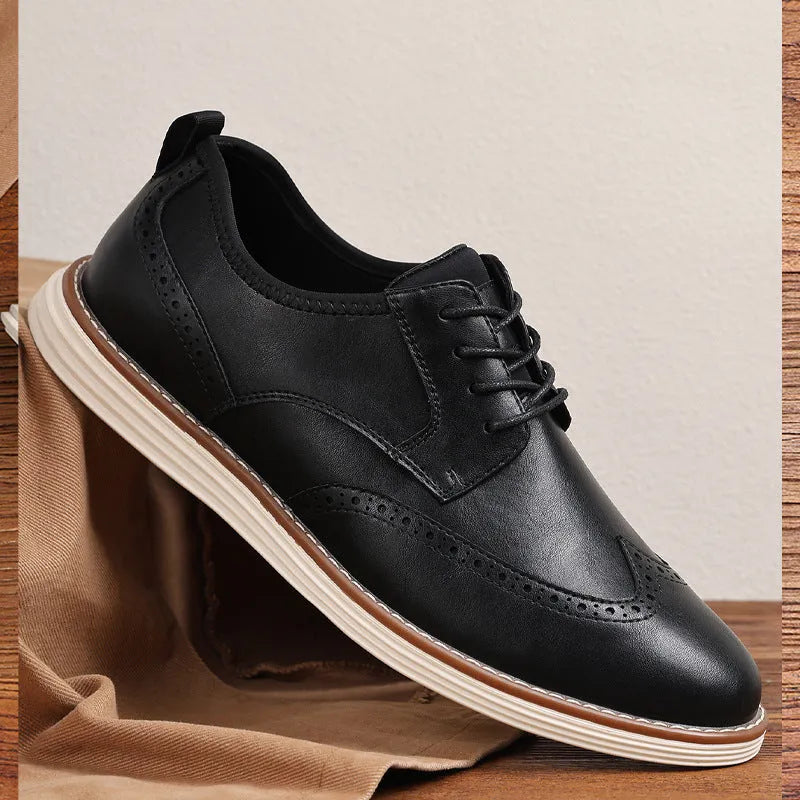 Men's black slip-on business casual shoes with round toe and TPR sole