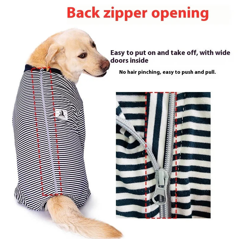 Striped four-legged dog shirt on Golden Retriever, available in sky blue, black dark blue stripe and brown colours