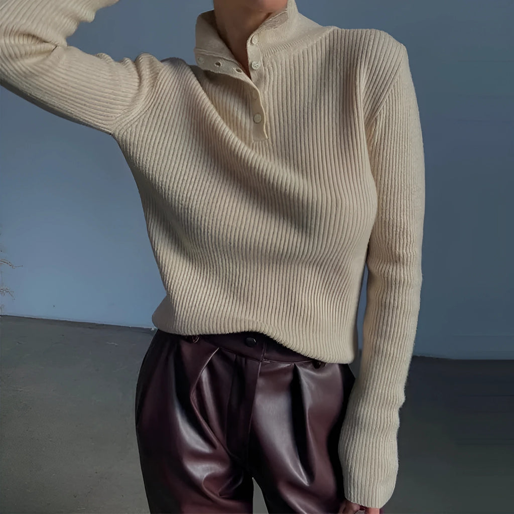 Silver grey half-turtleneck pullover sweater with single-breasted placket in slim fit design