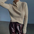 Silver grey half-turtleneck pullover sweater with single-breasted placket in slim fit design