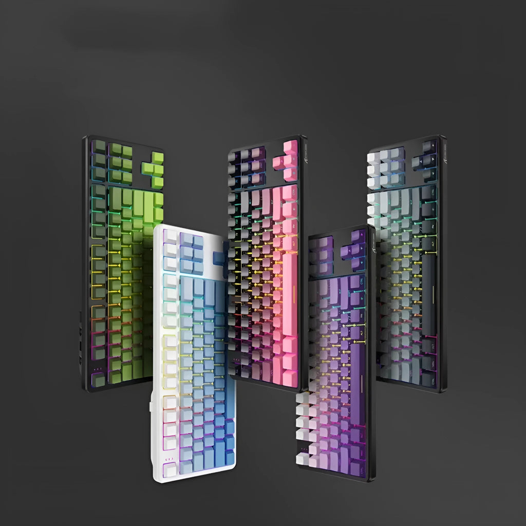 Punk gradient wired mechanical keyboard, ABS body, 350x130x35mm, shown in BlackBerry, fog Blue, Green Purple, Moonlit Night and Twilight Purple.