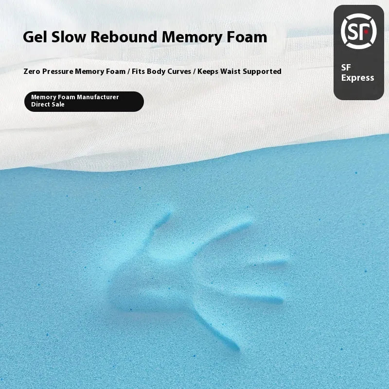 Gel memory cotton tatami mattress on floor showing thin profile with artificial latex core