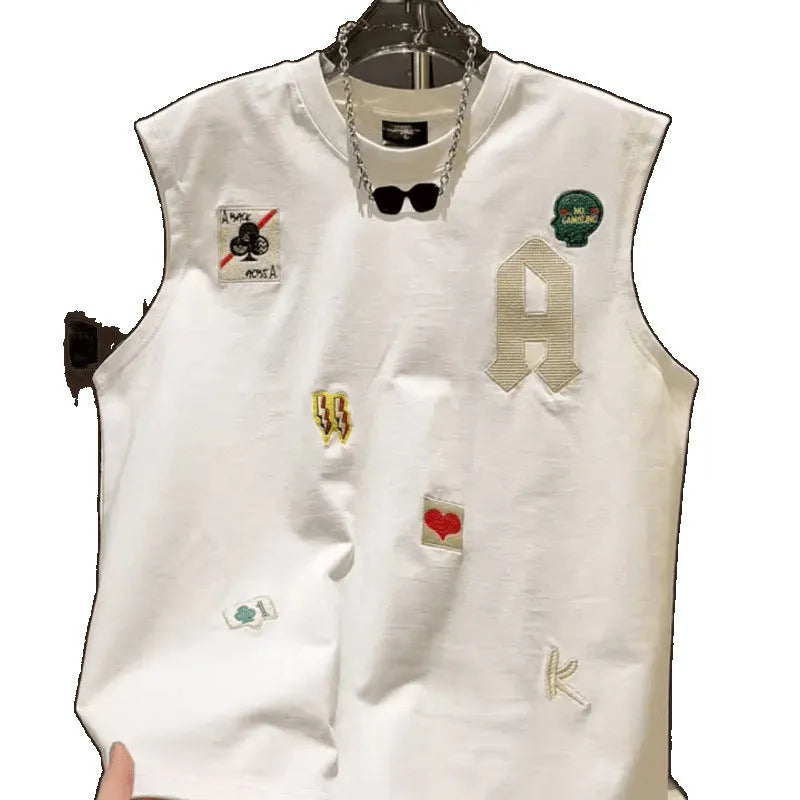 Men's loose black cotton sleeveless vest t-shirt featuring a cartoon print on the front.