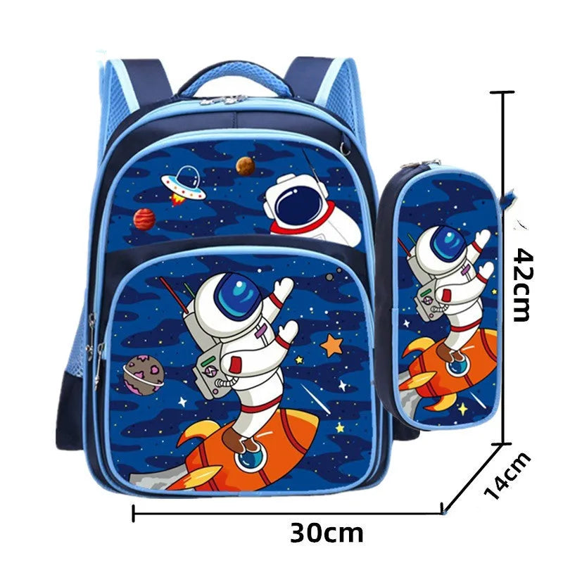 Children's blue cartoon backpack with school books showing internal zipper pocket organisation