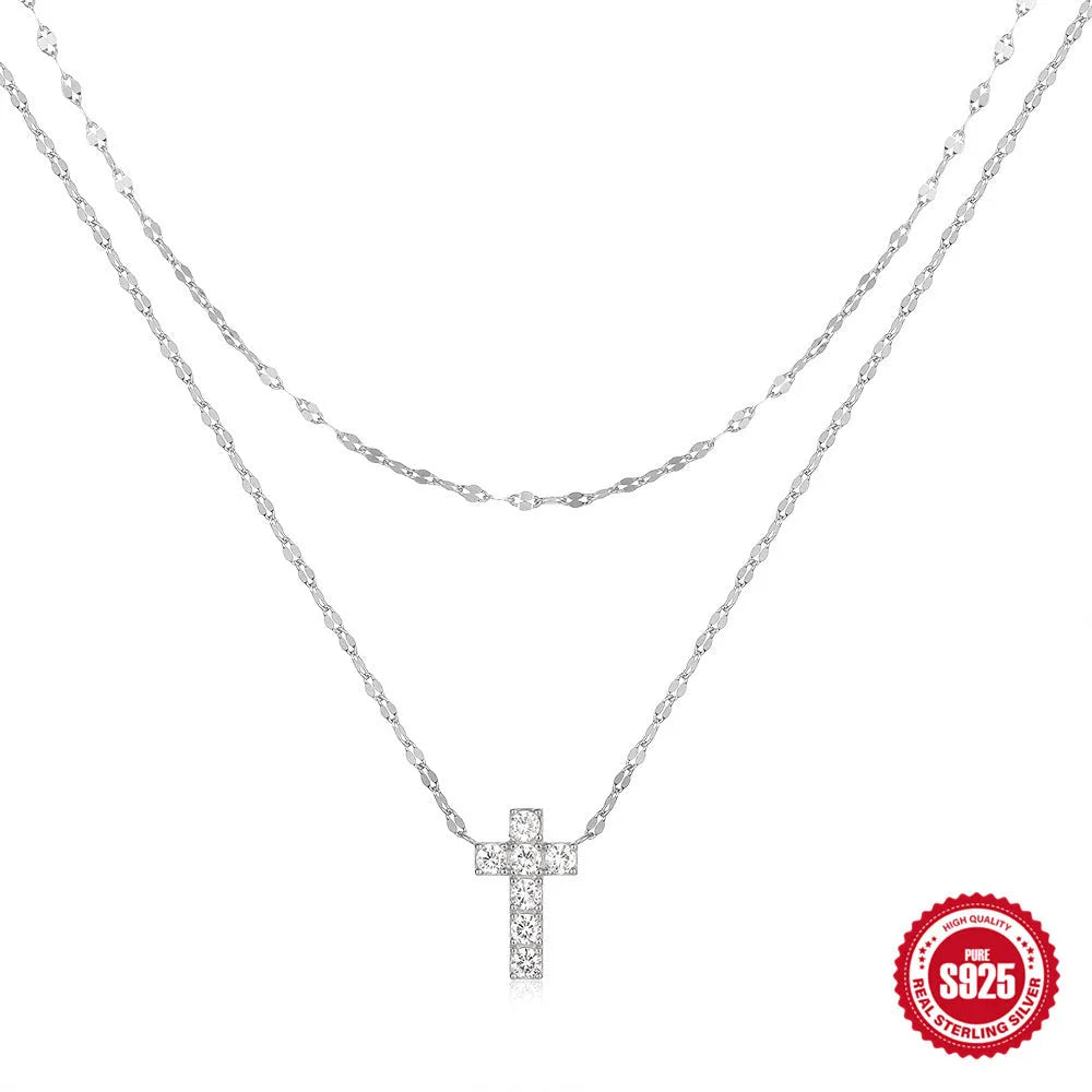 S925 sterling silver double layer twin diamond cross pendant necklace on clavicle chain
