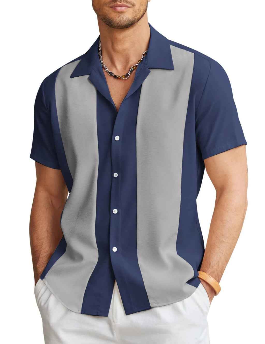 Man wearing a slim fit, short sleeve Hawaiian shirt with a vibrant digital print pattern.