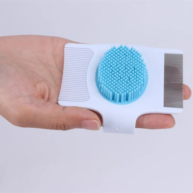 Multifunctional pet comb dog grooming tool in blue or green, compact size 8.5cm by 7.5cm by 2.5cm