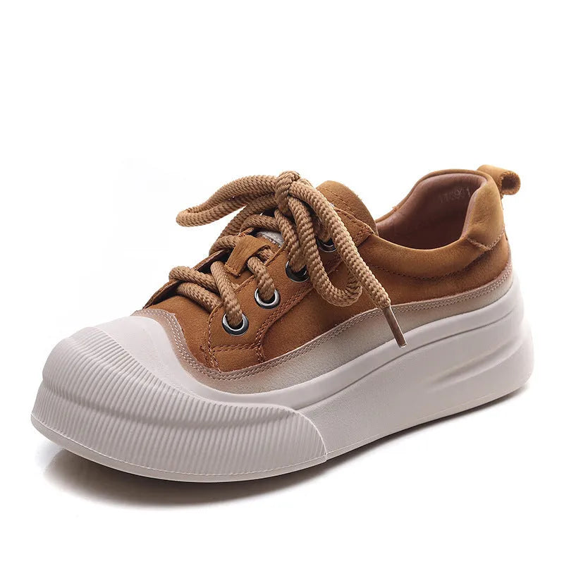Women's yellow leather lace-up casual shoes with round toe and rubber sole