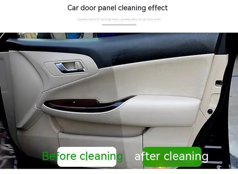 Wash-free fabric roof foam cleaner bottle with microfibre towel and sponge wipes for car interior cleaning.