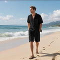 Men's linen blend short sleeve shirt and matching shorts leisure set in light blue colour