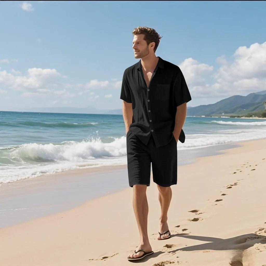 Men's linen blend short sleeve shirt and matching shorts leisure set in light blue colour