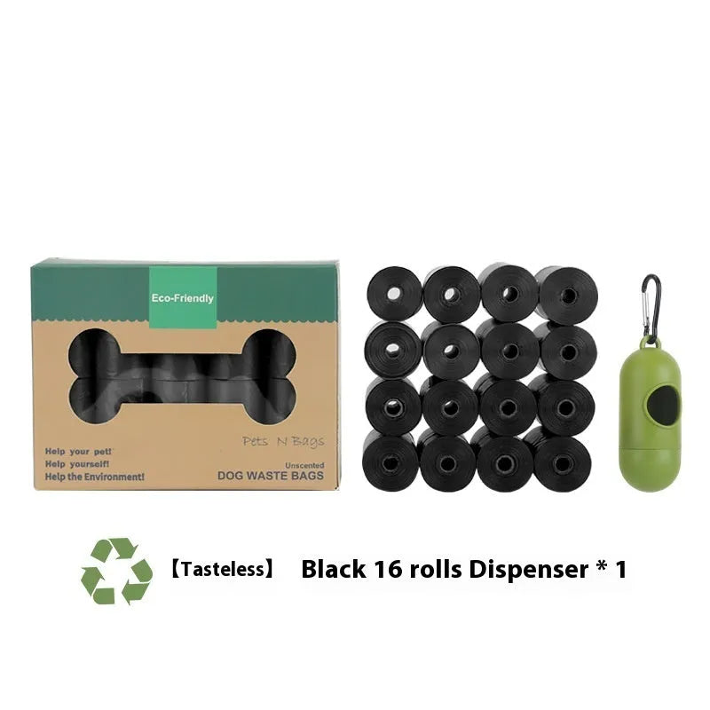 Roll of EPI degradable, thickened pet waste bags in green, shown with a lavender scent or unscented label option.