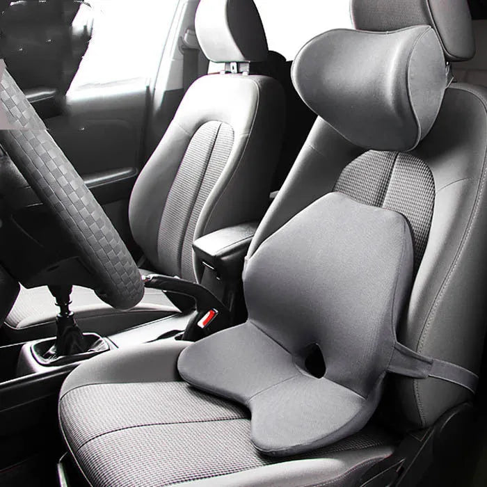 Car waist support pad with memory foam cushioning and adjustable straps shown in beige colour option