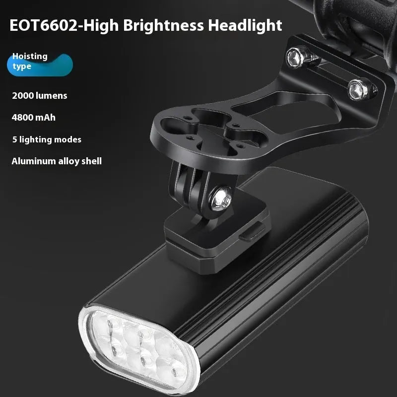 Silver aluminium alloy bicycle headlight showing USB Type-C charging port and six XPT lamp beads.