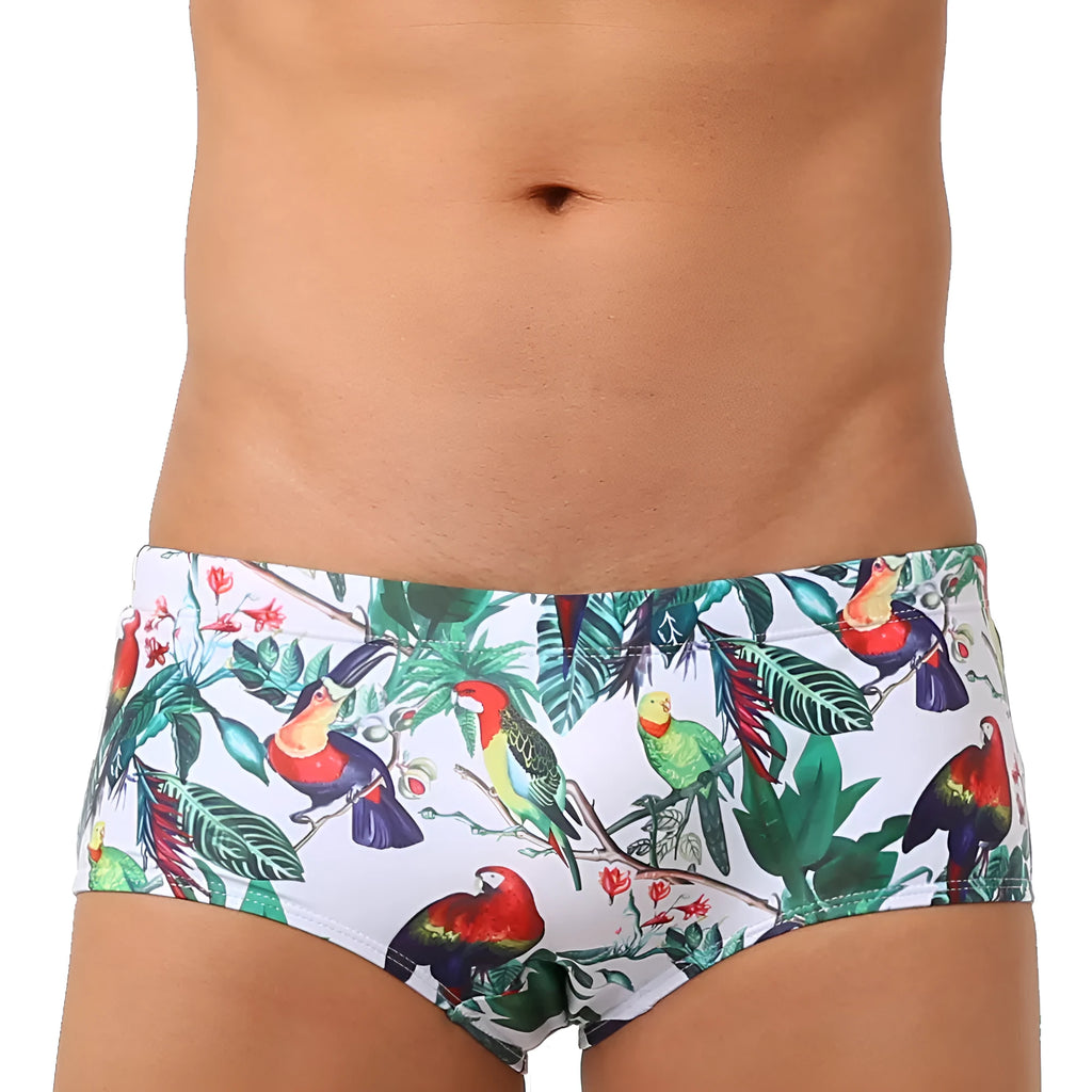 Men's floral bird print swimming trunks in nylon boxer brief style on size chart