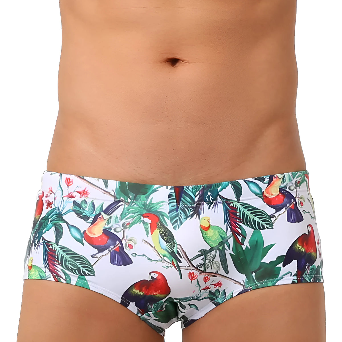Men's floral bird print swimming trunks in nylon boxer brief style on size chart
