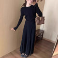 Women's dark grey knitted dress suit set with ethnic collage stitching on sweater and skirt