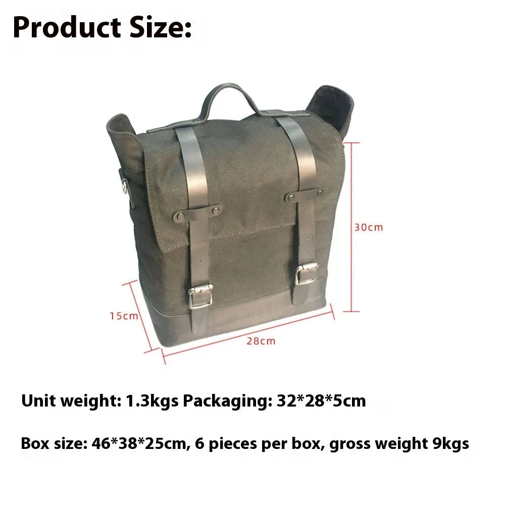 Motorcycle side bag made of waterproof canvas with cowhide accents measuring 300x280x150mm