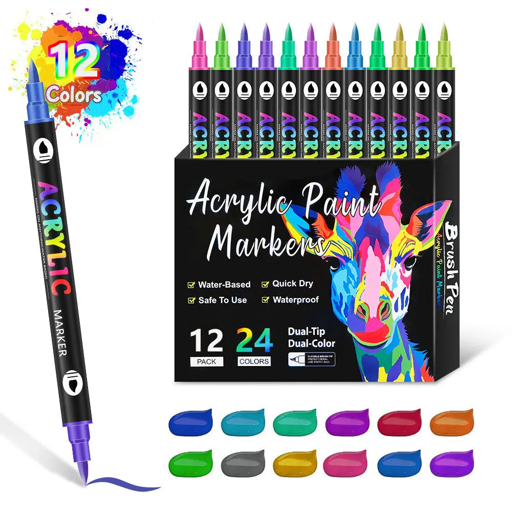 Set of double-ended acrylic marker pens with washable opaque ink in various colours.