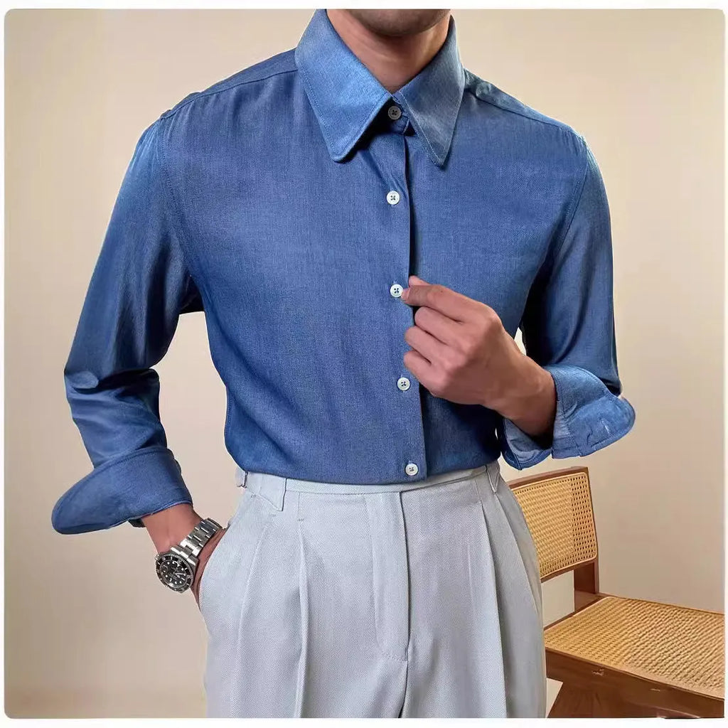 Men's slim fit long sleeve round collar shirt in light blue and dark blue colour options
