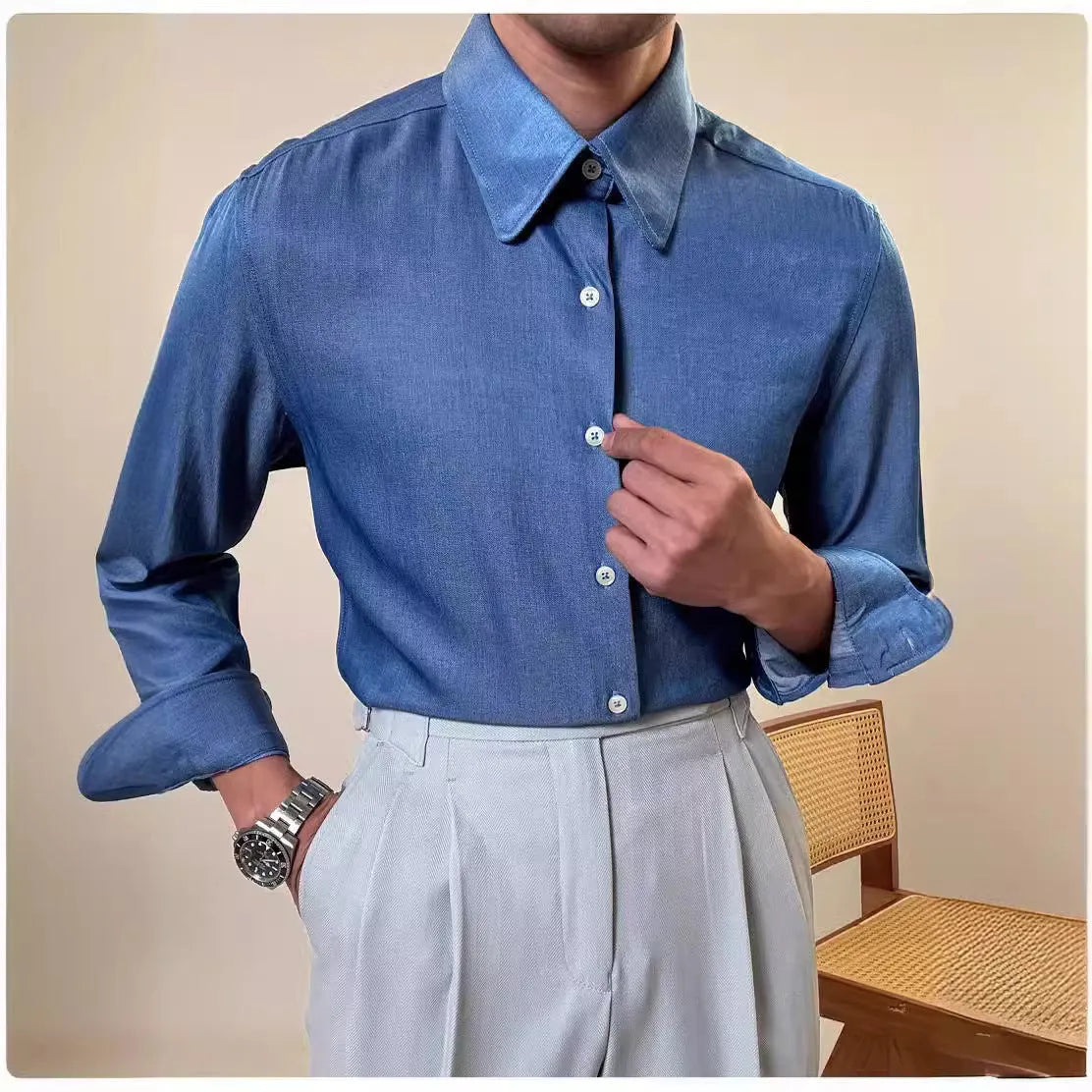 Men's slim fit long sleeve round collar shirt in light blue and dark blue colour options