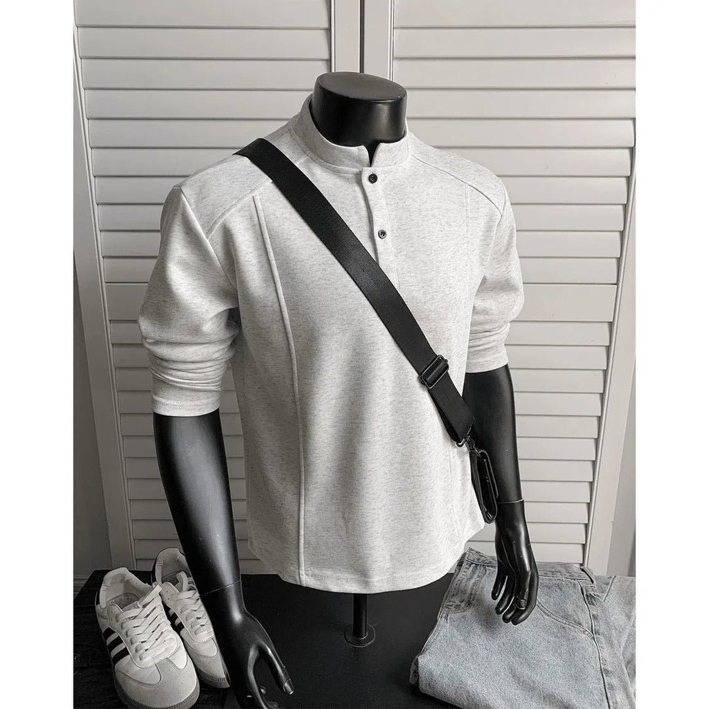 Men's patchwork stand-up collar cotton sweater shirt with asymmetric design in loose fit