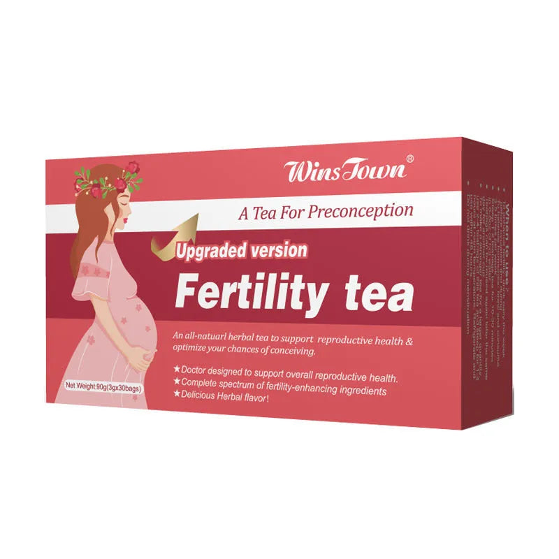 Box of fertility tea containing 30 individual herbal tea bags for daily reproductive health supplementation