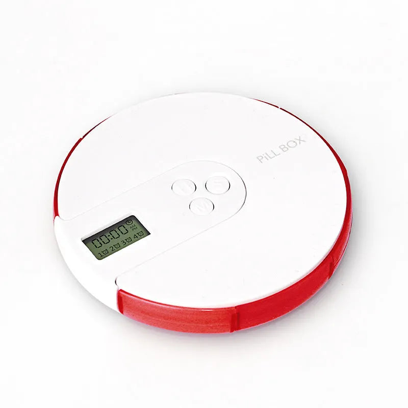 Seven-compartment electronic pill dispenser with alarm clock display, shown in multiple colour options.