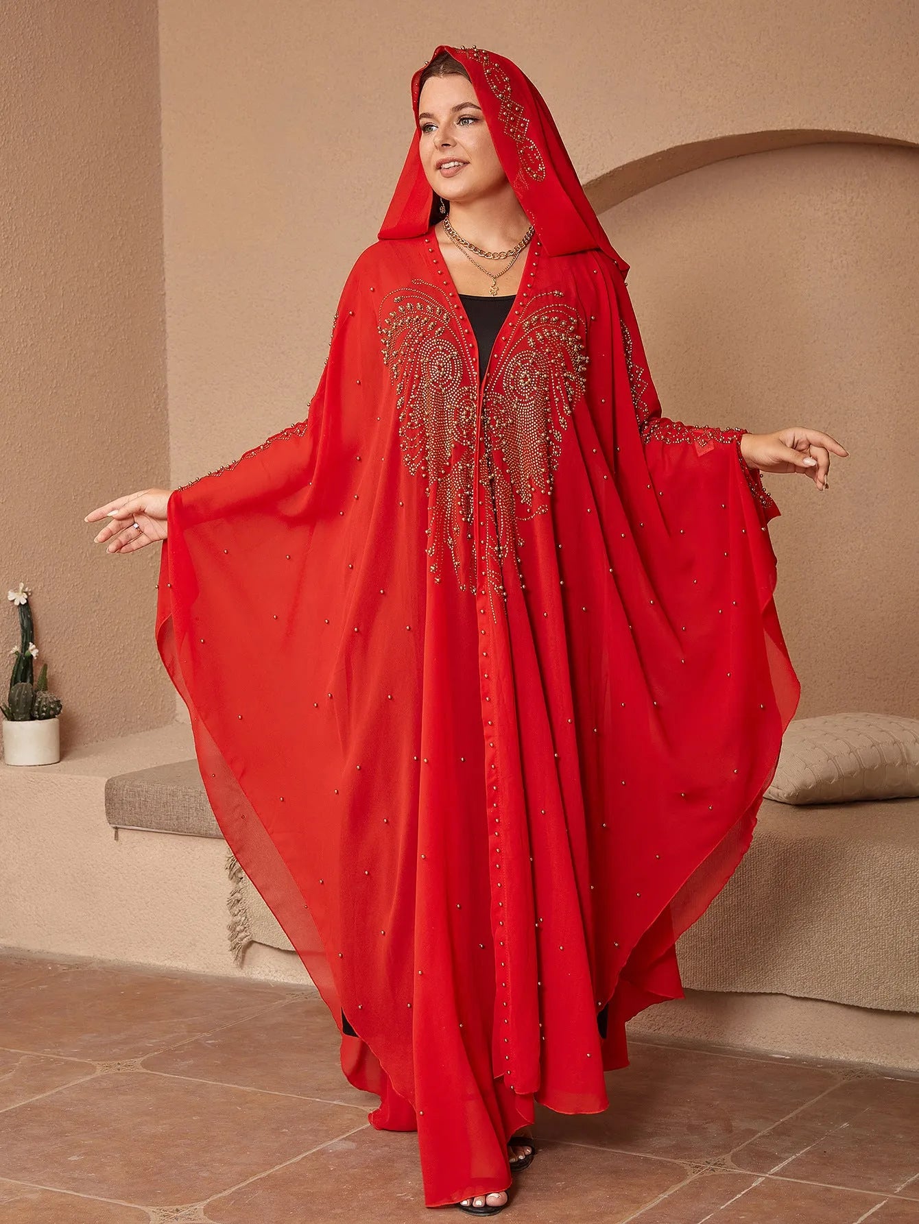 Purple chiffon shawl with rhinestone beading, styled as a cape, showing its long 135-175cm length.