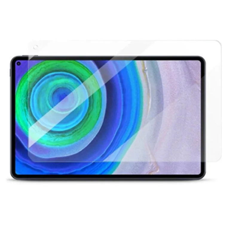 Huawei MatePad tablet with a clear tempered glass screen protector applied, showing model-specific fit.