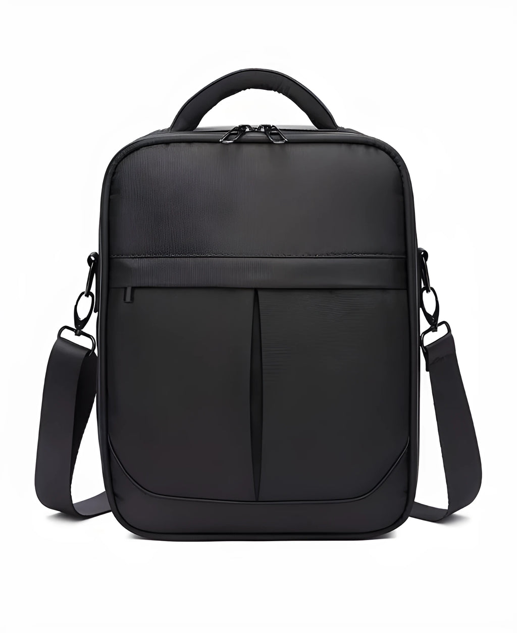 Black Oxford fabric men's messenger bag with adjustable shoulder strap and multiple compartments